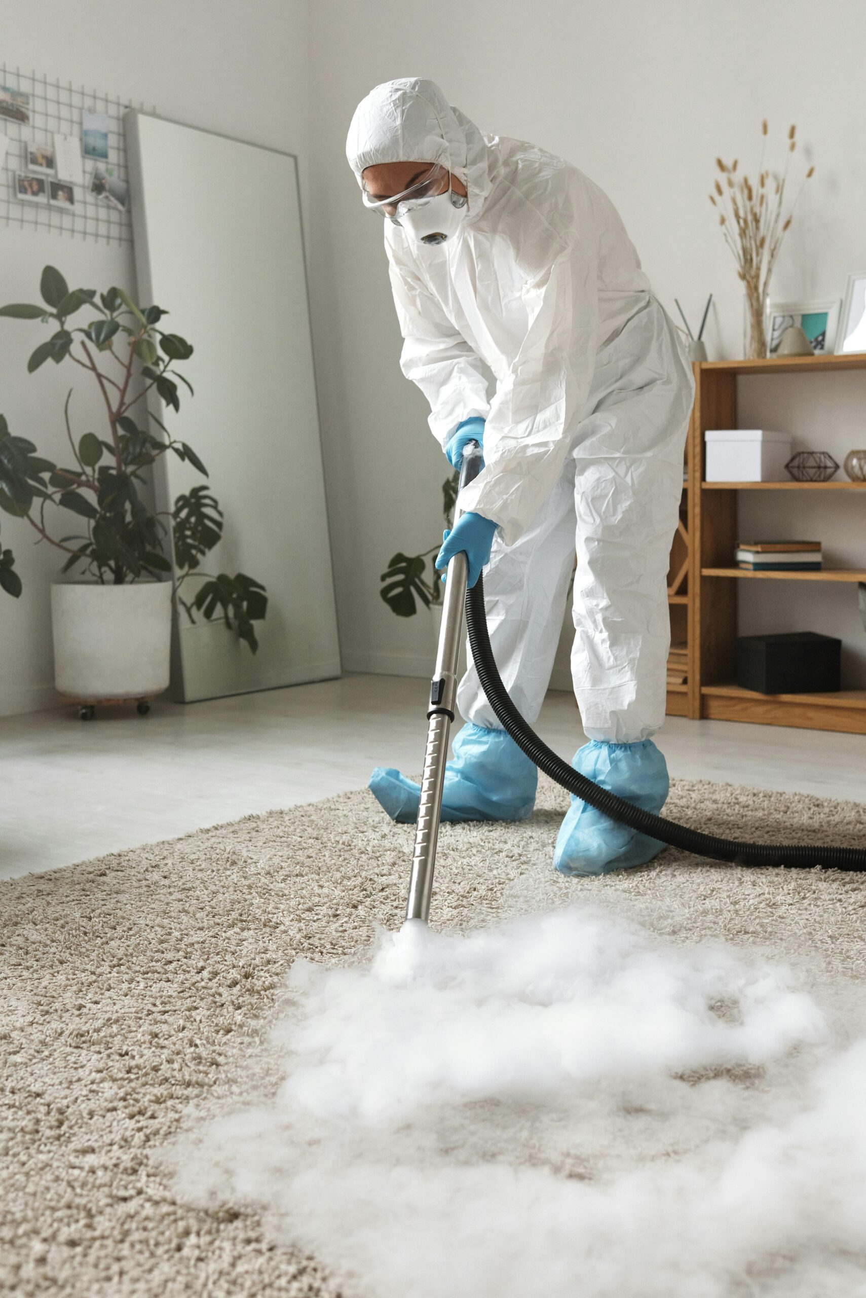 Why Switching From Chemical Cleaning to Steam Cleaning Changes Everything in Your Home A person in protective gear disinfecting a carpet with a fumigation device indoors.